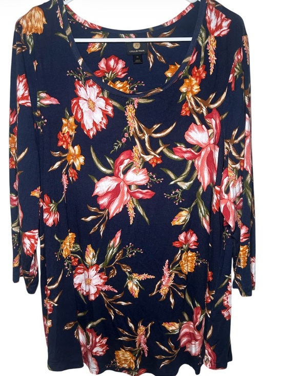 JM Collection Tops - JM Collection Floral Navy Scoop Neck Long Sleeve Casual Comfort Plus Size Top 2X